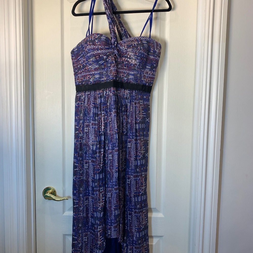 BCBGMaxAzria Blue and Purple Print One-Shoulder Maxi Dress